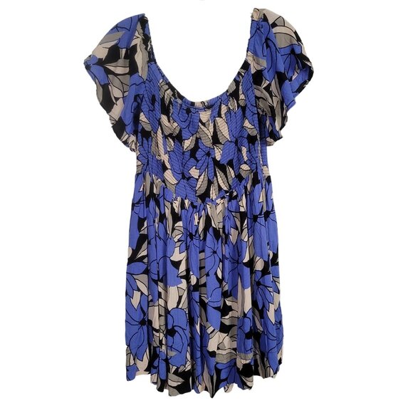 Free People Size L Dress Louise Off Shoulder Mini Floral Smocked Mini Flutter - Picture 2 of 11